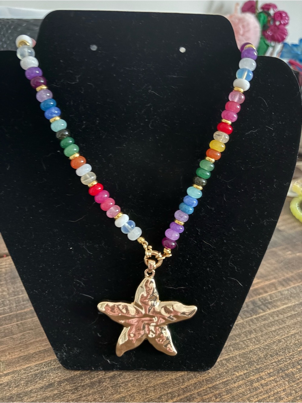 Colorful Beaded Candy Necklace with Gold Starfish Pendant